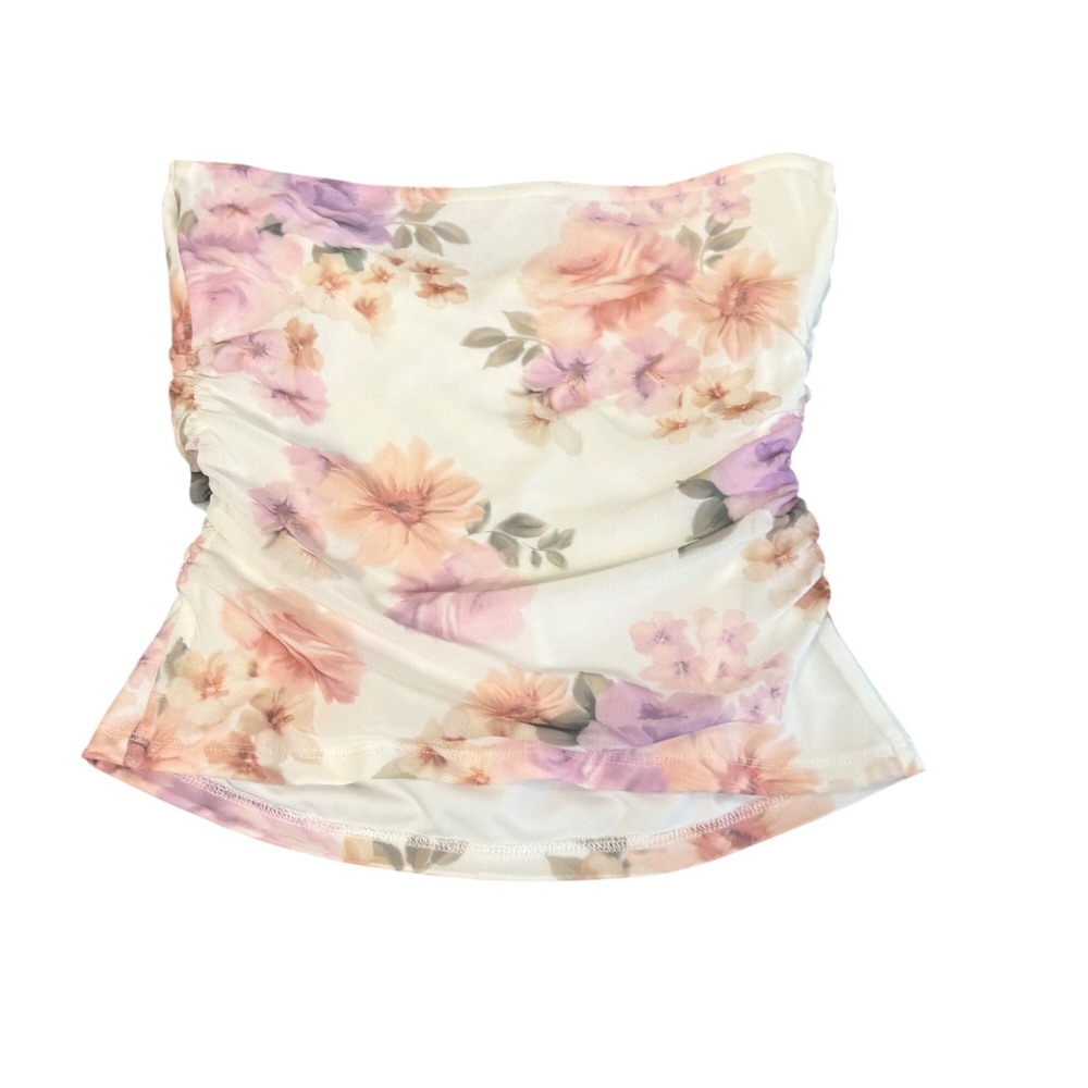 Garage Rosalie Ruched Tube Top Sz Medium Watercolor Floral Mesh White 100096911 - Picture 2 of 8